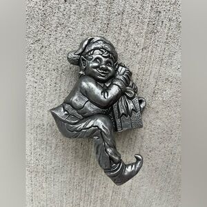 Vintage Carson Pewter Christmas Elf Stocking Holder Mantle HookHolidayDecor 6.5”